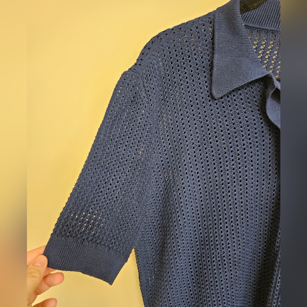 Clare V. Augustine Polo Size L Navy Blue Mesh Cotton Knit Top - Picture 8 of 12
